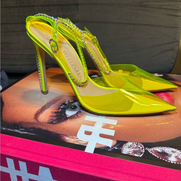 Stuart Weitzman Glam Neon Yellow Crystal Heels